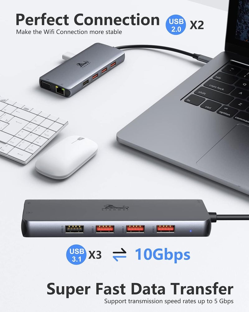 LIONWEI محطة إرساء لابتوب بشاشة مزدوجة، 11 في 1 إلى 4K HDMI، VGA، إيثرنت جيجابت، 3 USB 3.1 10G، 2 USB 2.0، 87W PD، صوت لدل/سيرفيس/HP/لينوفو لابتوبات - Image 5
